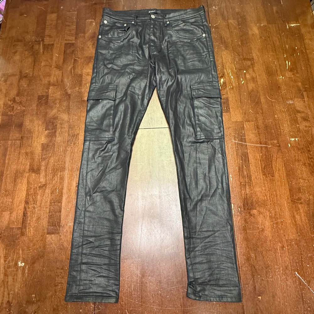 Purple Brand Cargo Pants Mens 34 Black Coated Waxed Slim Fit P002 SS2103JNS